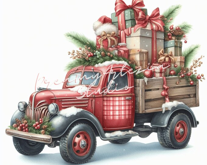 Watercolor Holiday Truck Clipart 10 PNG - Festive Pickup Truck Digital ...