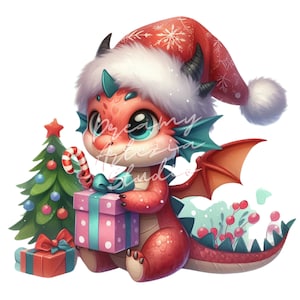Paquete de 20 imágenes prediseñadas navideñas, imágenes prediseñadas de dragón, ilustraciones en acuarela para decoración de guardería, manualidades navideñas y fiesta de Navidad, conjunto PNG