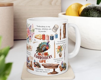 Embroidery Life Mug: Stitching Quote Coffee Cup, Craft Lover Gift