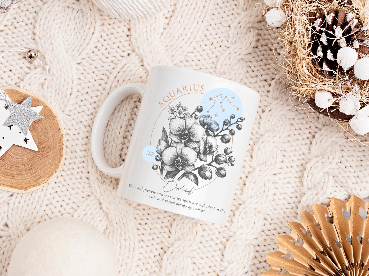 Aquarius Zodiac Mug: Orchid Design Astrology Coffee Cup - Etsy