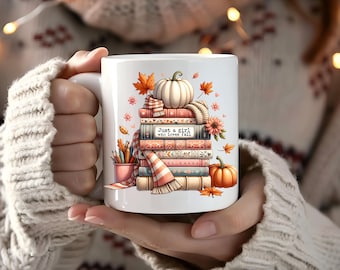 Just a Girl Who Loves Fall Mug | Cozy Autumn Coffee Cup | Pumpkin and Books Fall Mug | Cute Seasonal Mug for Fall Lovers | Autumn Drinkware