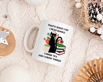 I Read Books I Drink Tea Mug | Black Cat Book Lover Mug | Funny Bookworm Coffee Cup | Cute Literary Gift | Cat and Books Mug
