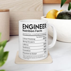 Op de afbeelding: Witte keramische mok met een zwarte afbeelding waarop "Engineer Nutrition Facts" staat, met een lijst van vaardigheden en hun percentage dagelijkse waarde. De mok heeft een zwart handvat.