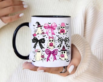 Spooky Ghost Coffee Mug | Halloween Pink Bow Ceramic