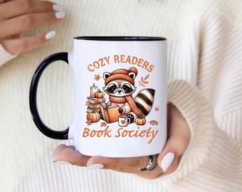 Cozy Readers Book Society Mug | Cute Raccoon Reading Mug | Autumn Vibes Coffee Cup