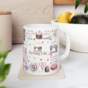 Sewing Life Mug: Seamstress Gift with Sewing Machine & Fabric