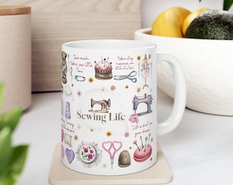 Sewing Life Mug: Seamstress Gift with Sewing Machine & Fabric