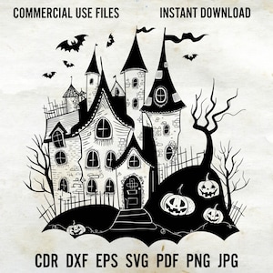 Grand Haunted House Svg, Halloween Manor Clipart, Graveyard Horror Scene Dxf, Haunted Mansion Decoration Png, Spooky Mansion Silhouette Png