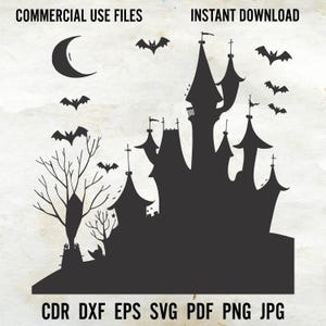 Grand Haunted House Svg, Halloween Manor Clipart, Graveyard Horror Scene Dxf, Haunted Mansion Decoration Png, Spooky Mansion Silhouette Png