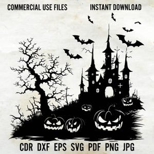 Grand Haunted House Svg, Halloween Manor Clipart, Graveyard Horror Scene Dxf, Haunted Mansion Decoration Png, Spooky Mansion Silhouette Png