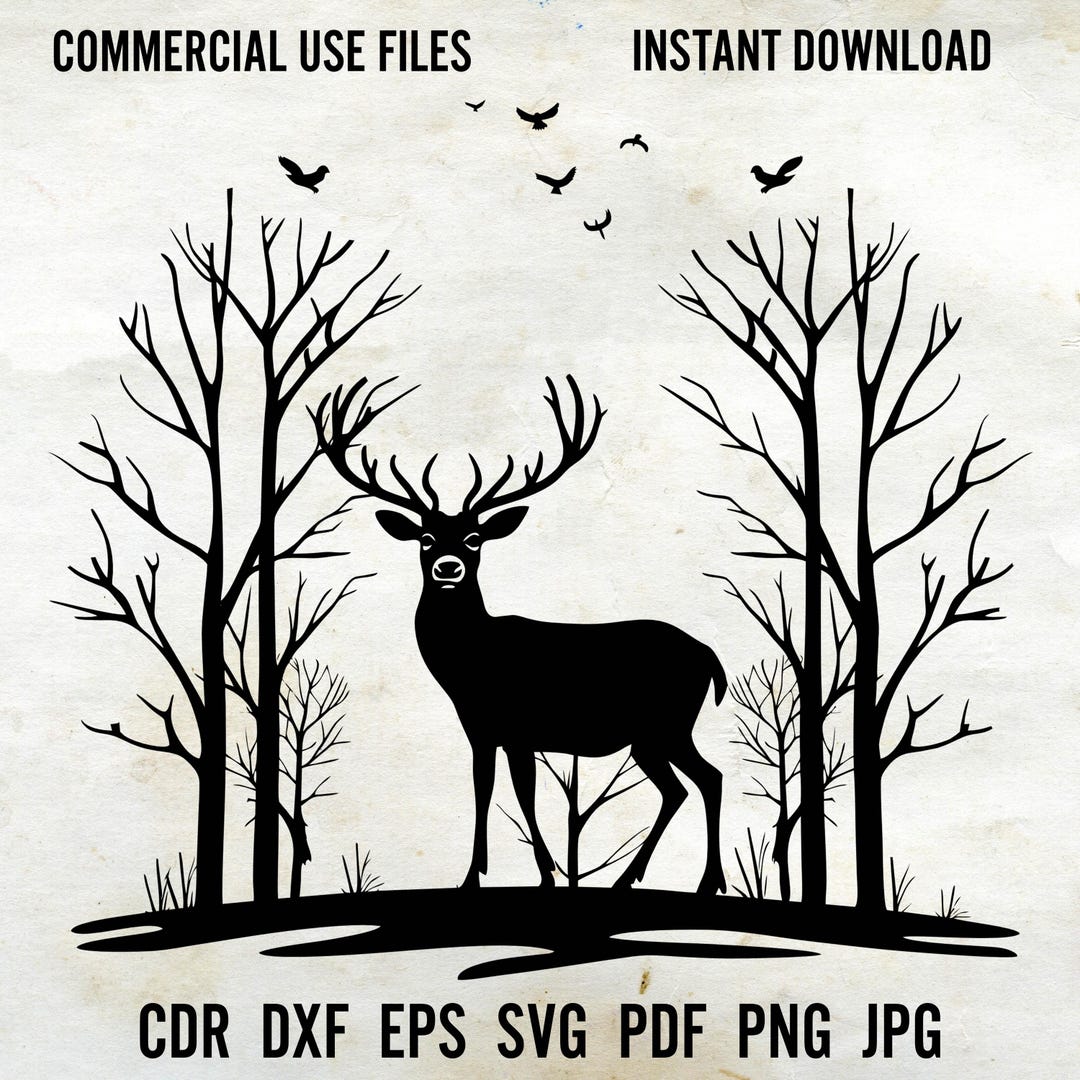 Deer and Trees Svg, Deer Head Vector Svg Png File, Deer in the Woods ...