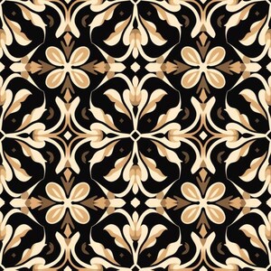 Può includere: Uno schema senza cuciture con un motivo ripetitivo di motivi floreali stilizzati in beige e crema su uno sfondo nero.