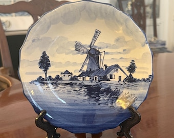 Vintage Delft Blue Windmill Plate Made in Holland Handwork Scenic Dutch Decor