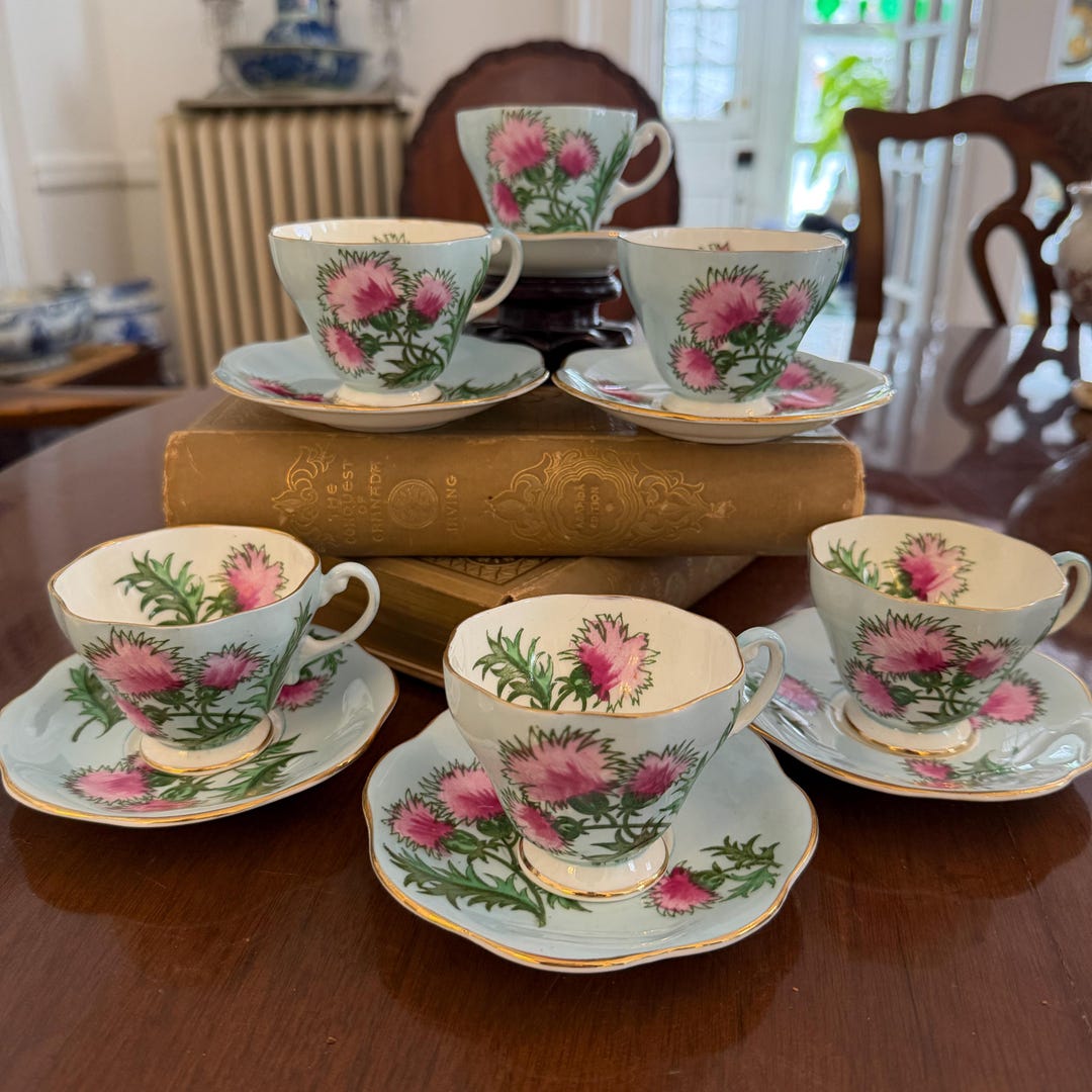 Vintage Foley Bone China Tea Set for 6 | Glencarry Thistle | Blue Pink ...