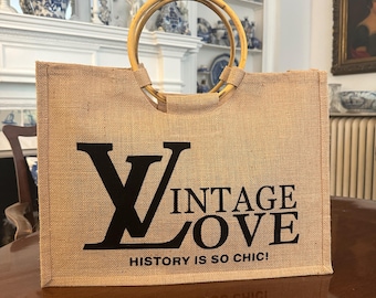 Vintage Love- Jute Tote Bag with Cane Handles – “History Is So Chic” Market Bag