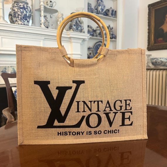 Vintage Love- Jute Tote Bag with Cane Handles – “History Is So Chic” Market Bag