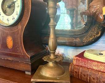Early Hand-Finished Brass Candlestick | Footed Square Base | Sculptural Primitive Form | From The Columns NY
