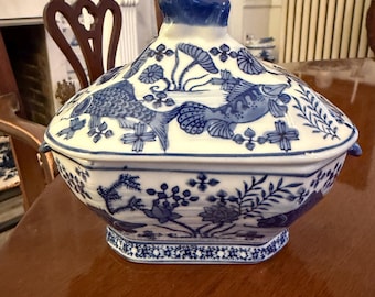 Vintage Blue & White Koi Fish Covered Dish | Chinese Porcelain Mini Tureen | Lotus Motif Chinoiserie Decor