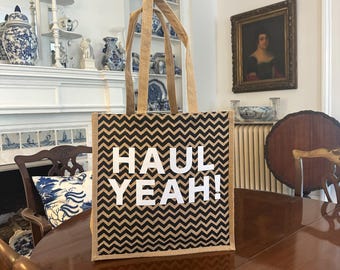 HAUL YEAH Jute Tote Bag: Handmade Market Bag with Black Zigzag
