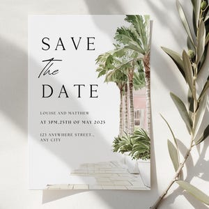 Plantilla minimalista para guardar la fecha con palmeras, plantilla para guardar la fecha en la playa, plantilla para guardar la fecha para bodas de destino, plantilla tropical para guardar la fecha, plantilla de Canva