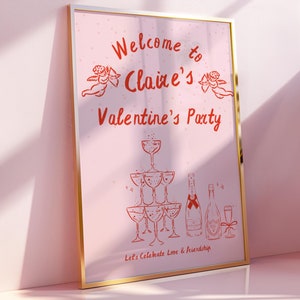 Coquette Valentine&#39;s Party Welcome Sign: Editable Pink & Red (Digital Download)