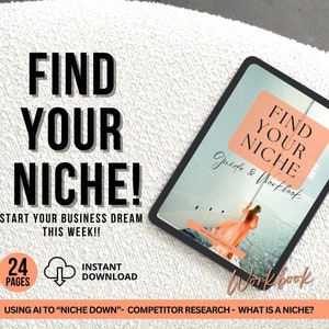 May include: A digital guide and workbook titled "Find Your Niche" with a pink background and a woman in a white dress standing on a boat. The text "Using AI to "Niche Down" - Competitor Research - What is a Niche?" is at the bottom of the image.