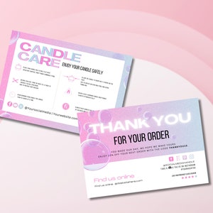 Plantilla de tarjeta moderna para el cuidado de velas Canva, instrucciones para el cuidado de velas imprimibles con íconos, paquete de tarjeta de agradecimiento editable para el cuidado de velas