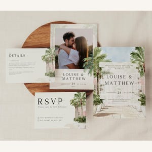 Wedding Invitation Template Suite, Watercolor Hotel Villa Destination Wedding Invite Printable, Palm Tropical Ocean Florida DIY, European