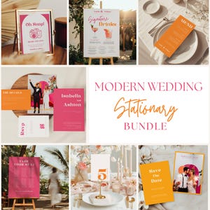 Modern Wedding Invitation Mega Bundle, DIY Wedding Signage Bundle, Bright Pink and Orange Wedding Bundle Instant Download, Tropical wedding