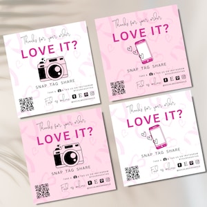 4 バンドル スナップ アンド シェア カード Canva テンプレート、QR コード名刺、ソーシャル メディアでフォロー、レビューを残すカード テンプレート、モダン ピンク