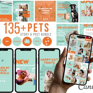 Może przedstawiać: Kolaż obrazów promujących usługi dla zwierząt domowych. Obrazy przedstawiają psy, koty i osobę trzymającą telefon z siatką obrazów. Tekst na obrazach zawiera: "135+ Zwierząt domowych", "Pakiet historii i postów", "Ukochane przez Twoje zwierzęta", "Nowa usługa mycia i pielęgnacji", "Szczęśliwe cechy kota", "Czy wiesz, że?", "Recenzja", "Wyprzedaż" i "Najlepsze jedzenie dla Twojego psa".