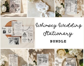 Whimsical Wedding Suite Template Bundle Hand Drawn Wedding Sign Templates Scribble Hand Written Wedding Invitation, doodle, Coquette, Bows