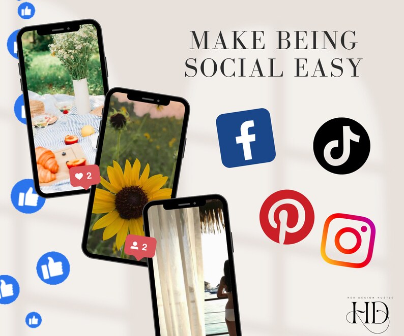 May include: Three smartphone screens displaying images of a picnic, a sunflower, and a woman standing on a balcony. The screens are surrounded by social media icons including Facebook, TikTok, Pinterest, and Instagram. The text "MAKE BEING SOCIAL EASY" is at the top of the image.