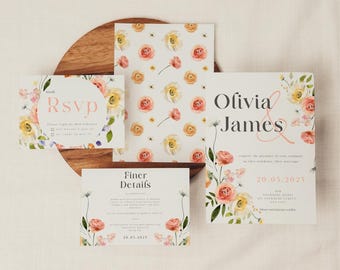 May include: A collection of wedding stationery featuring floral designs. The set includes an RSVP card, invitation, and details card, all adorned with watercolor roses in shades of pink, yellow, and white. The invitation displays the names "Olivia & James" and the date "20.05.2025".