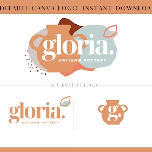 May include: A logo design for a pottery business called "gloria." The logo features a stylized clay pot with the business name in a bold, modern font. The text "Artisan Pottery" is also included below the business name.