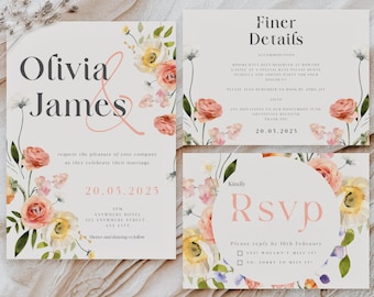 May include: Wedding invitation suite featuring floral designs in peach, yellow, and white. The main card displays "Olivia & James" with the wedding date. The suite includes RSVP and details cards, all with matching floral accents.