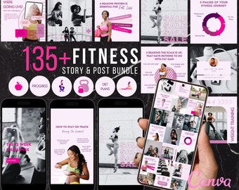 May include: A collage of images promoting a fitness bundle with 135+ stories and posts. The images feature women working out, motivational quotes, and tips for staying on track with fitness goals. The bundle includes diet plans, progress trackers, and weight training tips. The images are in a pink and white color scheme.