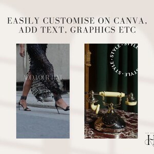 May include: Two images showing how to customize a design on Canva. The first image shows a woman wearing a black dress and high heels walking down a street. The second image shows a vintage rotary phone on a marble surface with a green background. The text "STYLE" is repeated in a circle around the phone. The text "HD" is in the bottom right corner of the image.
