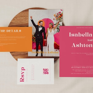 Moderne Hochzeitseinladungsreihe bearbeitbar, Pink-Einladung, helles Rosa und Orange Hochzeitseinladung, Sofort-Download, Tropische Hochzeit