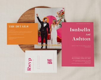 May include: A wedding invitation suite with a pink, orange, and white color scheme. The invitation features the names "Isabella and Ashton" in a bold white font. The RSVP card has a QR code and the text "RSVP" in a pink font.