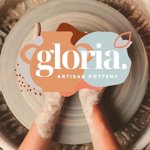 May include: A person's hands are shaping clay on a pottery wheel. The background features a logo with the text "gloria. ARTISAN POTTERY".