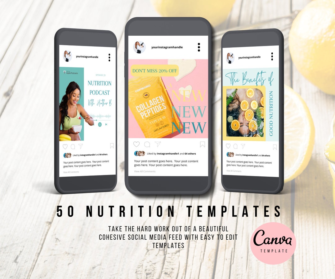 50 Nutrition Instagram Post Templates: Health Coach Canva Designs (PDF ...