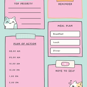 Peut inclure: Un planificateur quotidien rose sur fond bleu clair. Le planificateur est divisé en sections pour les priorités, les rappels, le plan de repas, le plan d'action et une note pour soi. Chaque section est illustrée d'un mignon chat de dessin animé.