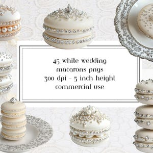 May include: 45 white wedding macarons pngs 300 dpi - 5 inch height commercial use. The macarons are decorated with pearls and rhinestones.