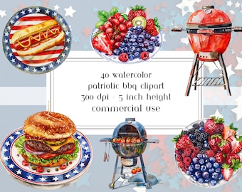 Clipart de barbacoa patriótica: 4 de julio, rojo, blanco y azul (descarga digital)