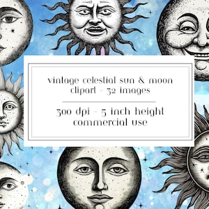 Vintage Sun and Moon Clipart, Celestial Clipart, Suns and Moons, Junk Journal, Sun Graphics Commercial Use, Vintage Moons