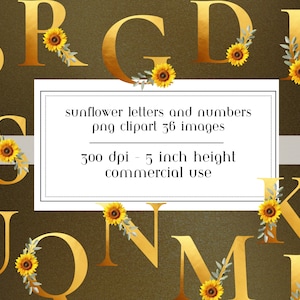 Imágenes prediseñadas de letras de girasol, letras doradas, letras y números de girasol 300DPI Clipart, gráficos de letras, tipografía de boda, uso comercial