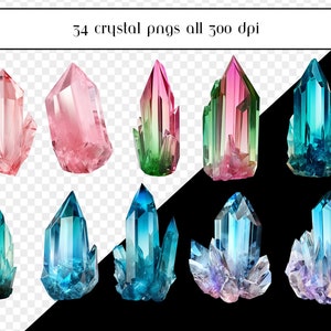 Pu&ograve; includere: Una collezione di 34 immagini PNG di cristalli, tutte a 300 DPI. I cristalli sono di vari colori, tra cui rosa, verde, blu e viola. Sono tutti di forme e dimensioni diverse.