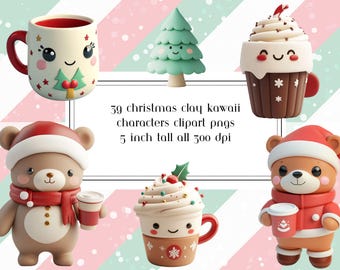 Kawaii klei kerst karakter clipart, kawaii kerst clipart, vakantie clipart, kawaii karakter graphics, kawaii dieren commercieel gebruik