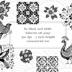 Black and White Talavera Tile and Art, Talavera Clipart, Watercolor Talavera Coffee, Talavera Bird Clipart, Mexican Folk Art, Black & White